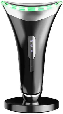 Image de Appareil de beauté électrique pour le visage avec massage chaud EMS, 3 modes LED, stimulation du visage et du cou - Photothérapie faciale - Noir