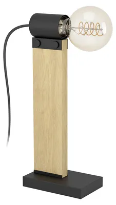 Image de EGLO Lampe de table Bailrigg, lampe de table rectangulaire, FSC100HB, lampe de salon en bois naturel et métal noir, lampe de chevet avec douille E27