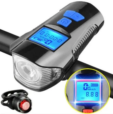 Obrázek produktu pro Noční světlo na kolo, osvětlení na kolo, výkonné přední světlo, vodotěsné, dobíjitelné přes USB, se sirénou a ukazatelem rychlosti