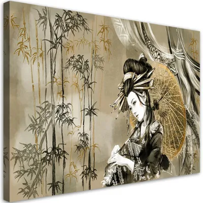 Produktbild von Leinwandbild geisha und bambus 100x70 cm Feeby grün wandbild bereit zum aufhängen