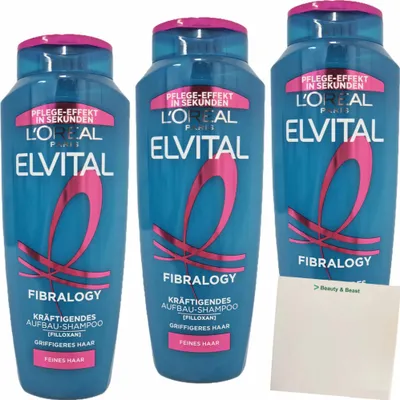 Produktbild von Elvital Shampoo Fibralogy 3er Pack (3x300ml Flasche) + usy Block