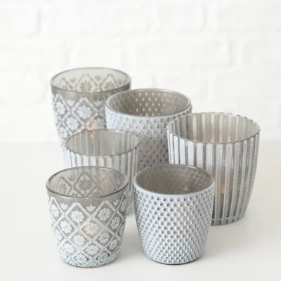 Produktbild von Windlicht Patty, Teelichthalter Glas grau matt H 7-9 cm, 6er Set (= 3x2er Set)