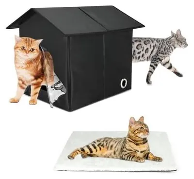 Produktbild von FHTONGE Katzenhaus Outdoor Winterfest, Wetterfest Katzenhütte Outdoor Groß mit Abnehmbarem Weiches Matte und Vorhang, Faltbar Katzen Haus Katzenhöhle für Innen Draußen