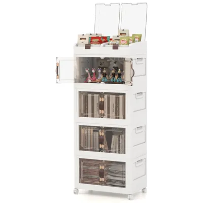 Produktbild von COSTWAY Zusammenklappbare Aufbewahrungsbehälter mit Deckel, 4er-Pack stapelbare Kunststoffboxen mit Rädern, klappbarer Rollschrank mit nach vorne öffnenden magnetischen Türen & 210 L Kapazität, Weiß