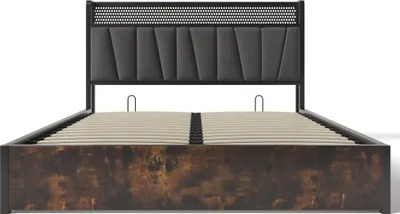 Produktbild von Flieks Stauraumbett 160x200cm mit USB und Steckdosen, Metallbett Jugendbett Doppelbett mit Lattenrost und Stauraum, Polsterbett mit LED, Leinen, Grau