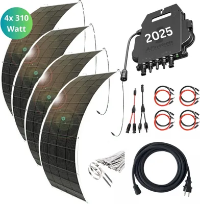 Produktbild von MYVOLTAICS Balkonkraftwerk MyUltraleicht 1240 Watt, mit 4 Modulen je nur 5kg, APsystems Wechselrichter WLAN 800 Watt,  Steckerfertig - einstecken. fertig. - 5m