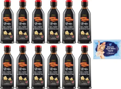Produktbild von 12er-Pack Monari Federzoni Glassa all'Aceto Balsamico di Modena,Glasur Creme mit Balsamico-Essig aus Modena I.G.P.,300g + 1er-Pack Felce Azzurra Talkumpuder, 100g-Beutel