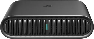 A black TP-Link wireless router is shown from the front on a white background.