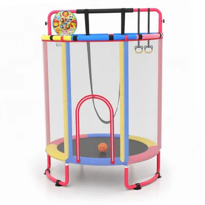 Immagine prodotto di KOMFOTTEU, trampolino per bambini, 154 cm. Trampolino per bambini con altalena, sbarra per esercizi, anelli, bersaglio e canestro da basket. Trampolino per bambini piccoli con basket e palloni, adatto a bambini dai 3 anni in su, da utilizzare sia all'interno che all'esterno