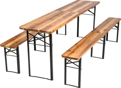 Immagine prodotto di Set da birreria tectake, 3 pezzi, pieghevole, tavolo in legno di abete con vernice trasparente 220x50,5x77,5 cm, panca marrone