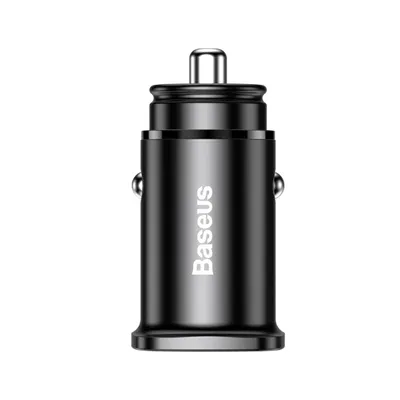 A black car charger with the brand name 'Baseus' printed on it.