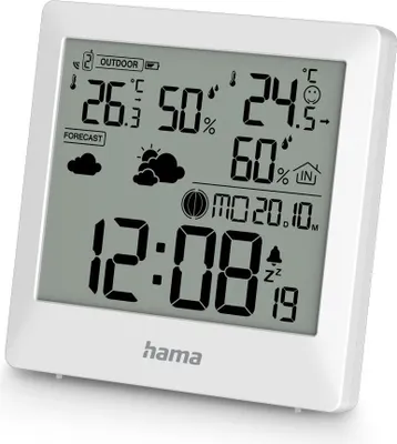 Immagine prodotto di Stazione meteo Hama "Palawan", con sensore esterno, radio, sveglia, termo/igro, bianco