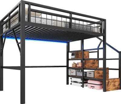 Produktbild von Merax Etagenbett Hochbett 140x200 cm, Metallbett Stockbett mit LED-Licht, Treppen mit Stauraum, Kinderbett, Jugendbett, Schwarz