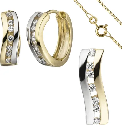 Produktbild von Schmuck-Set aus 333 Gold Gelbgold bicolor Zirkonia Creolen Anhänger Kette 42cm