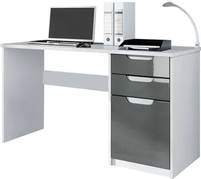 Produktbild von Vladon Schreibtisch Logan,  Germany, Bürotisch mit 2 Schubladen und 1 Tür, Weiß matt/Grau Hochglanz (129 x 76 x 60 cm)