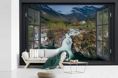 Produktbild von MuchoWow® Fototapete für Wohnzimmer oder Schlafzimmer Wandtapete Vinyl Motivtapete Aussicht - Berg - Haus - 600x400 cm - Vinyltapeten