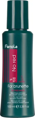 A teal bottle of Fanola No Red Mask for brunettes against a white background.