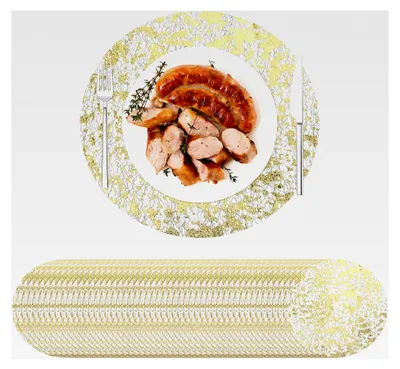Produktbild von 50 Stück Einweg-Tischsets, 33 cm Durchmesser, rund, gepresste Tischdeckchen für verschiedene Anlässe (schwarz-Gold)