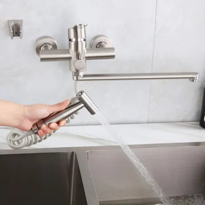 Produktbild von Wandmontierte Küchenarmatur - Wandarmatur Küche - Wandarmatur mit oberem Auslauf - Wandarmatur mit unterem Auslauf - Wandarmatur Küche - Silber