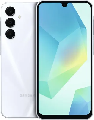 A white Samsung Galaxy A16 5G smartphone is shown from the back and front.
