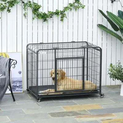 Produktbild von Hundebox auf Rollen - Faltbarer Hundekäfig mit Doppeltür - Abschließbar - 4 Räder mit Bremse - Herausnehmbare Bodenwanne - Armeegrün