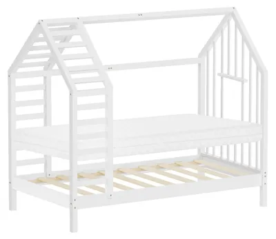 Zdjęcie produktu dla Łóżeczko dziecięce ML-Design, 80x160 cm, białe, z materacem i listwami, łóżko-domek z daszkiem, rama łóżka wykonana z drewna sosnowego, łóżko Montessori dla dziewczynek i chłopców
