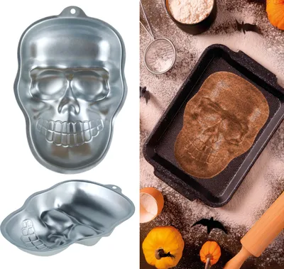 Productafbeelding van Skeletvorm voor taart, Halloween, schedel, feest, griezelig, bakkerij, decoratie, dessert, creatief ontwerp, kleur: zilver