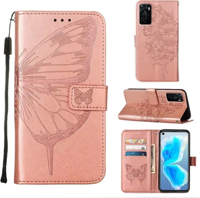 Produktbild von OPPO A55S 5G Hülle, Schmetterling Prägung Flip Leder Kartenfächer Schutzhülle Ledertasche mit Ständer für OPPO A55S 5G Roségold