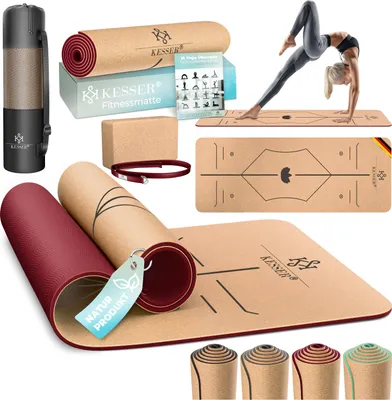 A collage of yoga and fitness equipment, including mats, blocks, and a carrying case, with a person demonstrating a yoga pose.