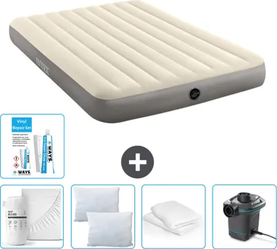 Produktbild von Intex Luftbett – 2 Personen – 152 x 203 x 25 cm – Beige – im Lieferumfang enthalten Spannbettuch - Küssen - Pumpe - Reperaturset en Kissenschutz
