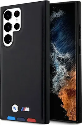 A black phone case with BMW and M logos is shown next to a smartphone.