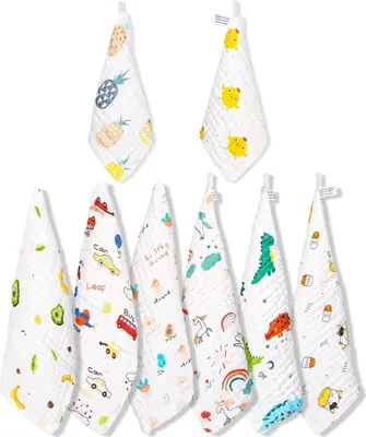 Produktbild von Set mit 8 Spucktüchern für Babys, 50 x 25 cm. Babytücher aus Musselin, 6 Lagen saugfähige Baumwolle. Saugfähig, weich und atmungsaktiv
