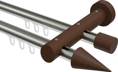 Produktbild von Interdeco Innenlaufstange / Gardinenstange mit Innenlauf Edelstahl-Optik / Nussbaum lackiert, Typ Talent Siveo (Kegel), 20 mm Ø 2-läufig, 480 cm