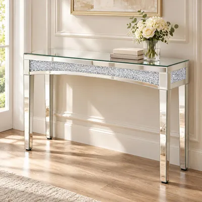 Produktbild von WISFOR Konsolentisch verspiegelt, Flurtisch Silber mit Kristalldekor, 120 x 35 x 80,5 cm