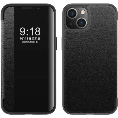 Obrázek produktu pro Pouzdro pro iPhone 13 tenkéPolyuretankožené klopové pouzdro s okénkem pro zobrazení černé