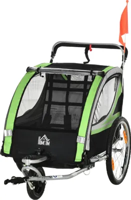 Produktbild von 2-in-1 Fahrradanhänger für 2 Kinder, Schiebefunktion, Regenschutz, Bremse, Grün