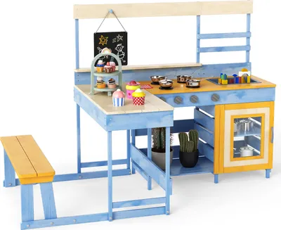 Produktbild von COSTWAY Matschküche, Kinderküche, Spielküche mit Picknicktisch, Bank, Dessertzubehör, Küchengeschirr & Tafe, Outdoor Küche Tannenholz für Kinder 3+