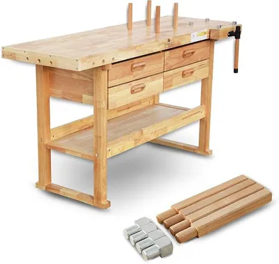 Produktbild von Hobelbank WORK-1640 Werkbank Massivholz Holzhobelbank mit Schubladen | Massivholz Hobelbank mit 1520x500mm Arbeitsplatte | Inkl. 4 große Schubladen, 8 Bankhaken & 6-fach verstellbarer Spannzange
