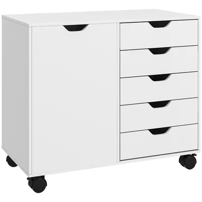 Image de HOMCOM Caisson de bureau mobile avec 5 tiroirs et 1 porte, étagère réglable, meuble rangement bureau, caisson de rangement sur roulettes, pour documents et papeterie, 78 x 40 x 66,5 cm, blanc