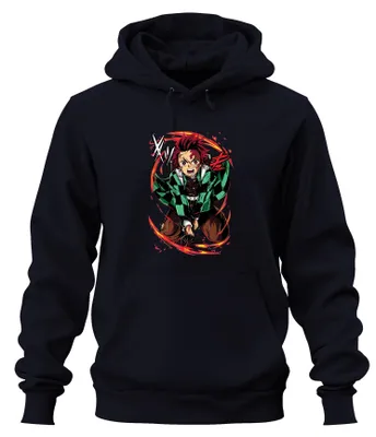 Produktbild von Tanjiro Kamado Dämonenjäger Schwert Flammen Anime Hoodie Kapuzenpullover, Navy, M