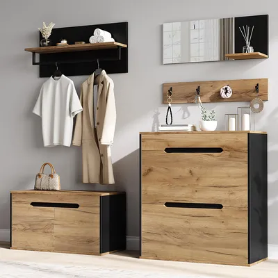 Produktbild von MODFU Garderoben-Set,Flurgarderobe set mit Wandgarderobe und 2 Schuhschrank,Garderobensets mit Spiegel und Schuhbank,Schwarz