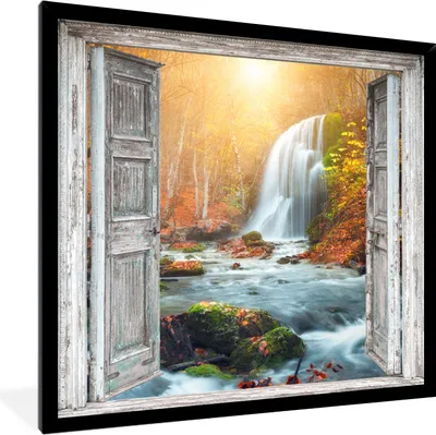 Produktbild von MuchoWow® Gerahmtes Poster Wasserfall - Aussicht - Landschaft 40x40 cm - Poster mit Schwarzem Bilderrahmen Wandposter Rahmen Foto Bilder - Mit Rahmen - Wanddekoration Schlafzimmer