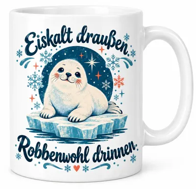 Produktbild von Robbe Wintertasse mit Spruch aus Keramik 330ml Geschenk zu Weihnachten