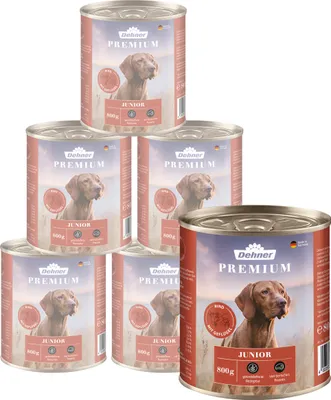 Produktbild von Dehner Premium Hundefutter, Nassfutter getreidefrei, für Welpen und junge Hunde, Rind / Geflügel / Kartoffel, 6 x 800 g Dose (4.8 kg)