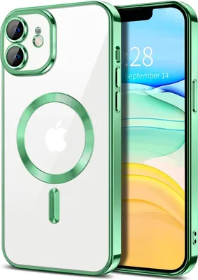 Image de Coque transparente magnétique pour iPhone 11, compatible MagSafe, coque de protection galvanisée avec protection de l'appareil photo vert clair