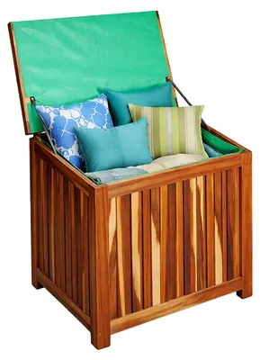 Productafbeelding van Relaxdays tuinkist, zitkussen, gereedschap, 60x60x50 cm, acaciahout, waterdichte binnenvoering, geschikt voor balkon, tuinkist, natuurlijke uitstraling