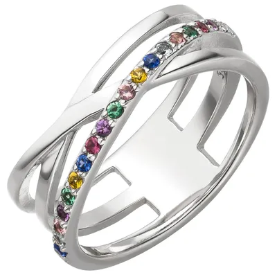 Produktbild von Ring aus 925 Silber mit bunten Zirkonia Silberring gekreuzt multicolor Innenumfang 60mm  Ø19.1mm