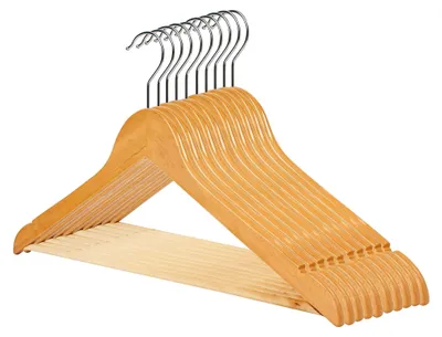 Produktbild von Holzkleiderbügel Natur 20 Stück 44,5 cm | 360° drehbarer Haken | mit Hosensteg | für Hemden, Kleider, Jacken und Hosen
