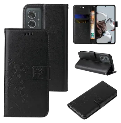 A collage of images showing a black flip phone case with floral and butterfly embossing, and a phone inside.