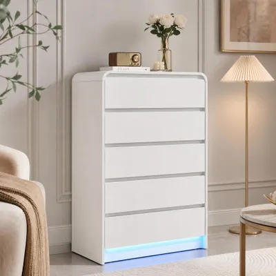 Image de Commode INONEFT avec éclairage LED, commode avec 5 tiroirs, meuble de rangement en bois avec beaucoup d'espace, meuble de télévision pour le salon, 73x40x110 cm, blanc